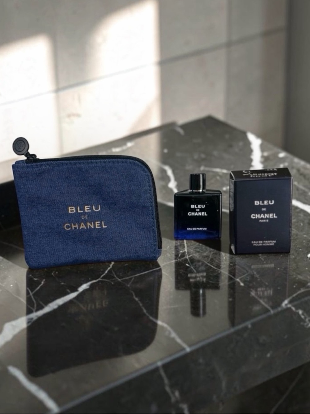 CHANEL Bleu De Chanel Denim Cosmetic Pouch & EDP Mini Gift Set New